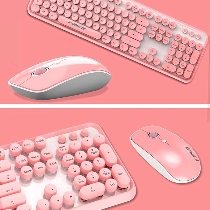 FOPETT Wireless Keyboard and Mouse Combo, 104 Keys Full-Sized 2.4 GHz Round Keycap Colorful Keyboards, USB Receiver Plug and Play, for Windows, Mac, PC, Laptop, Desktop (Pink)