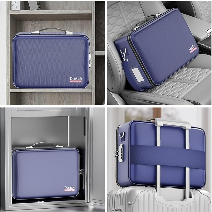 DocSafe Fireproof Document Box with Lock&Shoulder Strap,Hard Case File Organizer with Accordion File Folder,Multi-Layer Portable Home Office Travel Safe Storage for Important Documents Laptop Blue