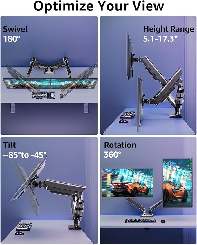 Dual Monitor Mount for 32 27 24 22inch Screens, Gas Spring Monitor Stand for 2 Monitor, Full Adjustable Monitors Desk Mount with C-Clamp&Grommet Base, Each Arm Holds 4.4-22 lbs, Freelift Pro Black