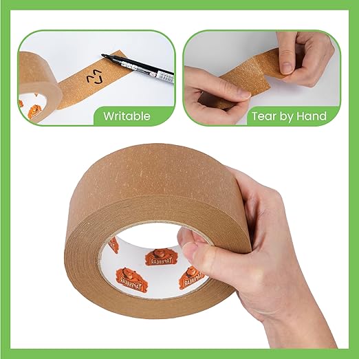 Eco-Friendly Kraft Paper Tape, Biodegradable Heavy Duty Packing Tape 2Inch x 55Yard, Recyclable Packaging Tape Self Adhesive Box Tape for Shipping, Sealing, Moving & Masking, 6Rolls