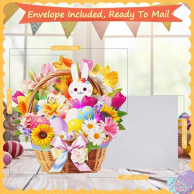 3D Pop Up Easter Flower Basket Card with Music & Lights – Bunny, Eggs, Lily, Tulip, Daisy Bouquet – Envelope Included – Easter Gift & Decoration