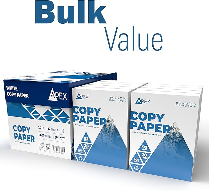 Copy Paper, Printer Paper, 20lb Multipurpose, Printer Paper 8.5 x 11 White, 92 Bright, White Paper, Office Supplies, 500 Sheets Per Ream (10 Reams Case 5000 Sheets)