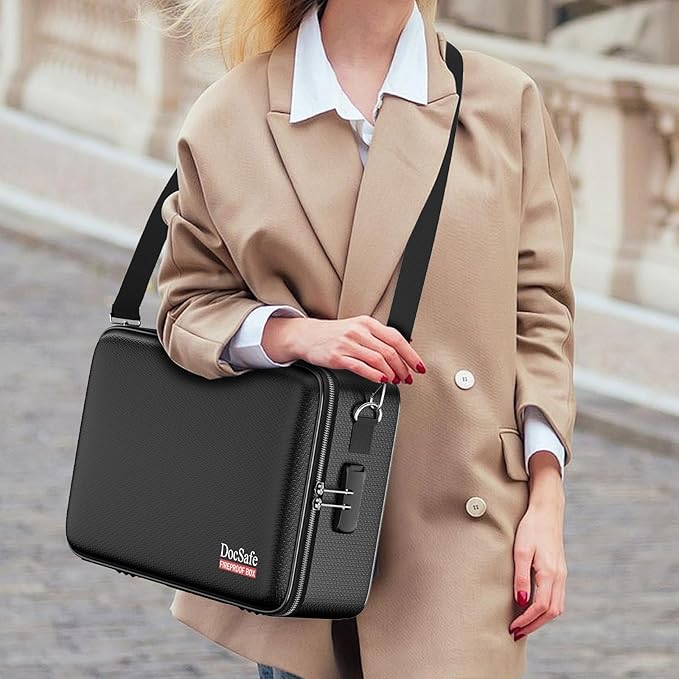 DocSafe Fireproof Document Box with Lock&Shoulder Strap, Hard-Shell Case File Organizer with Accordion File Folder, Multi-Layer Portable Home Office Travel Safe Storage for Important Documents Laptop