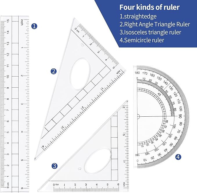 Math Geometry Kit Sets 10 Piece Student Supplies with Shatterproof Storage Box,Includes Rulers,Protractor,Compass,Eraser,Pencil Sharpener,Lead Refills,Pencil,for Drafting and Drawings(Navy blue)