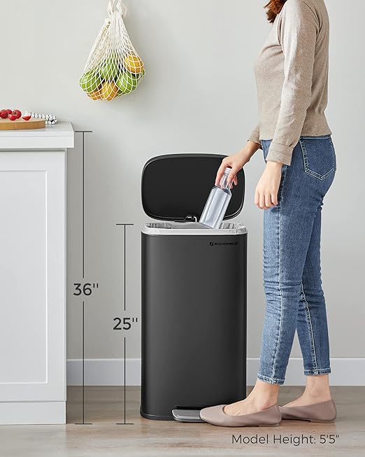 SONGMICS Trash Can with Lid, 8 Gallon Garbage Can, Stainless Steel Small Waste Bin with Step Pedal and Inner Bucket, Soft Close, Kitchen, Black ULTB102B01