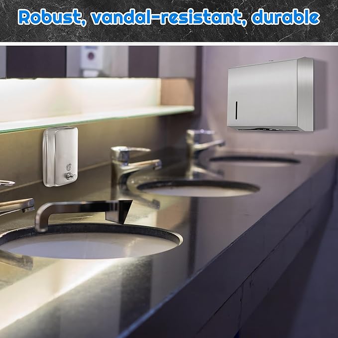 2 Pcs Commercial Soap Dispenser and Paper Towel Dispenser Set with Lock-Stainless Steel,Wall Mount,Large Capacity Manual Liquid Pump Rust Proof Leak Free for Home Bathroom (500 ml,Style 2)