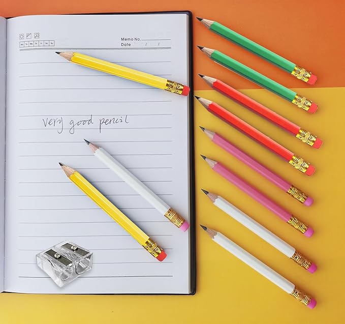 Adhere 25pcs Golf Pencils with eraser Hexagon Wooden Pencils Graphite 2B for Golf Event Scoring,Classroom,Wedding,Company Meetings,Pew, Pocket (Z- White・Pink・Red・Yellow・Light green・50pcs)