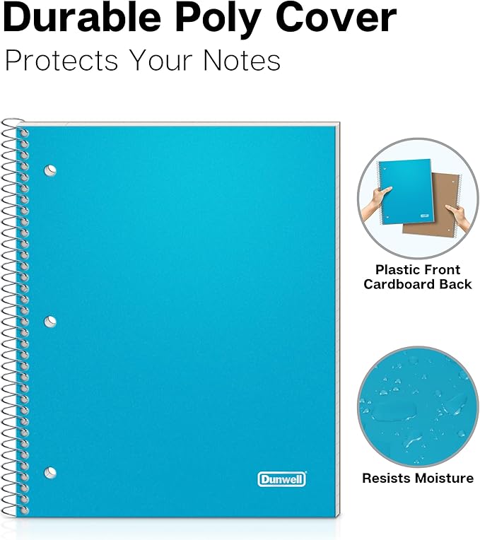 Dunwell 1 Subject College Ruled Notebooks, (3-Pack, Red, Blue, Black) Spiral Notebooks 8.5 x 11, Plastic Covers, Poly Pocket Dividers, 100 Sheets (200 Pages), 3-Hole Punched Perforated Paper
