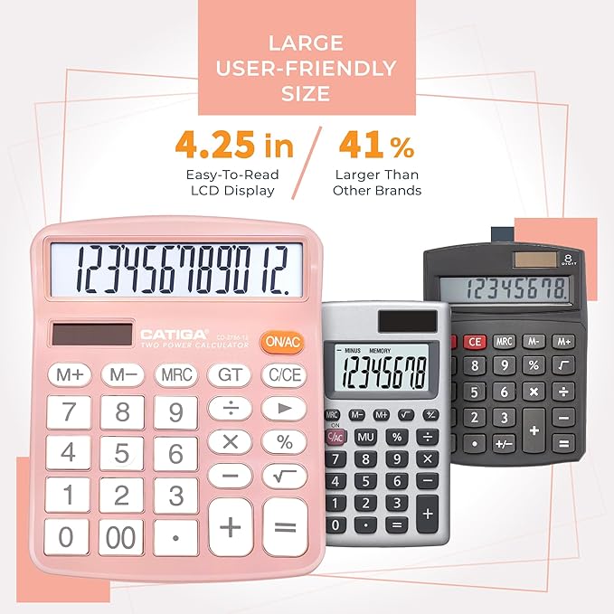 CATIGA Desktop Calculator (2 Pack) 12 Digit with Large LCD Display and Sensitive Button, Solar and Battery Dual Power, Standard Function for Office, Home, School, CD-2786 (Light Blue/Light Pink)