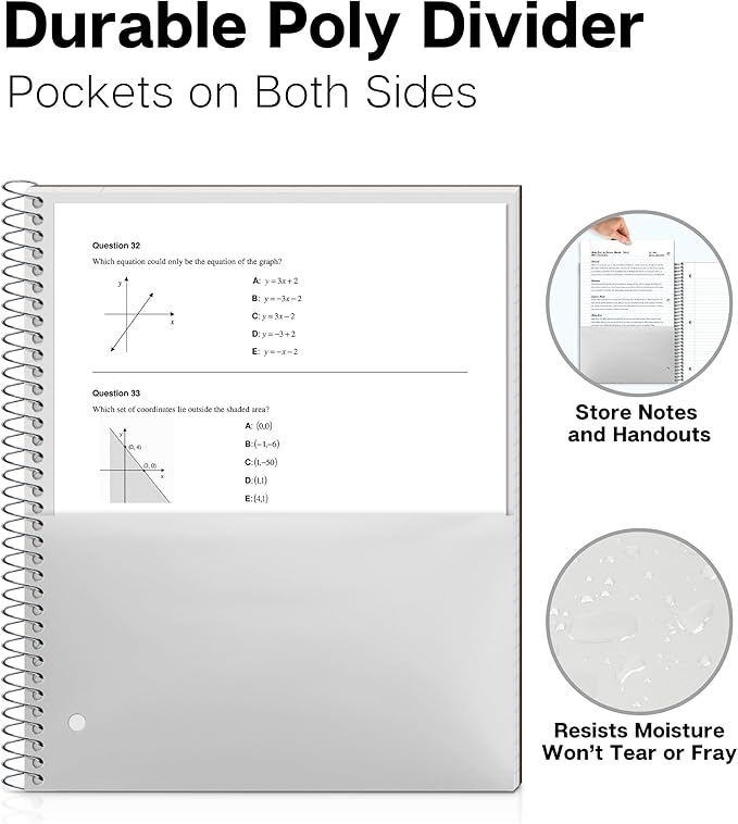 Dunwell College Ruled Spiral Notebook (Black), 1 Subject Notebook 8.5 x 11 for School, Plastic Cover, Pocket Divider, 100 Sheets (200 Pages), 3-Hole Punched Perforated 8 1/2 x 11 Paper