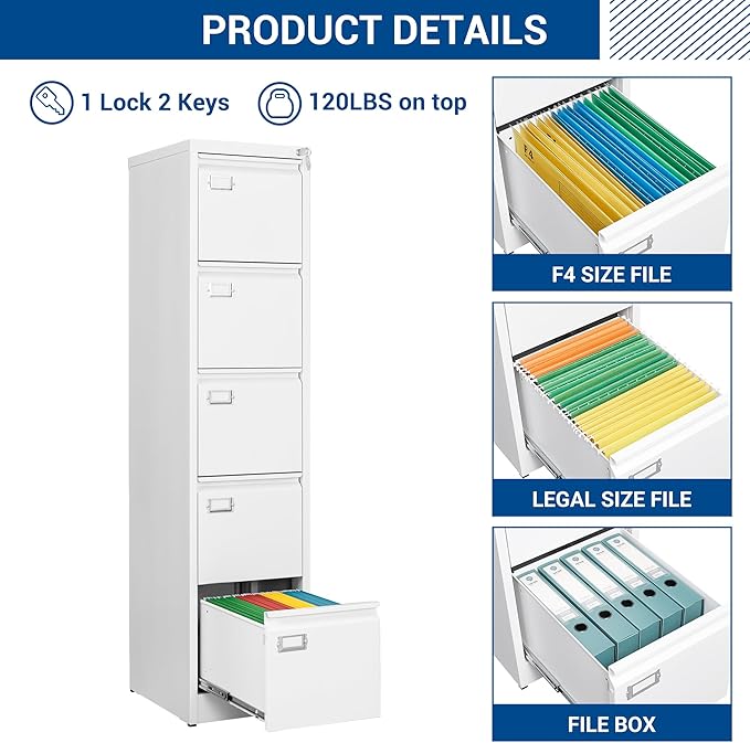 File Cabinets - 5 Drawers Vertical 17.8" Deep Lockable Filing Cabinet - White Metal Storage Cabinets for Home Office to Hanging Files Letter/Legal/F4/A4 Size