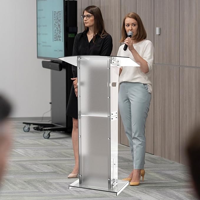 Acrylic Podium Stand With Storage Shelf,Segmented Transparent Lecterns & Podiums,Pulpits For Churches、Conference、Speeches、Weddings、Classroom、Concert,47" H Professional Presentation Podiums