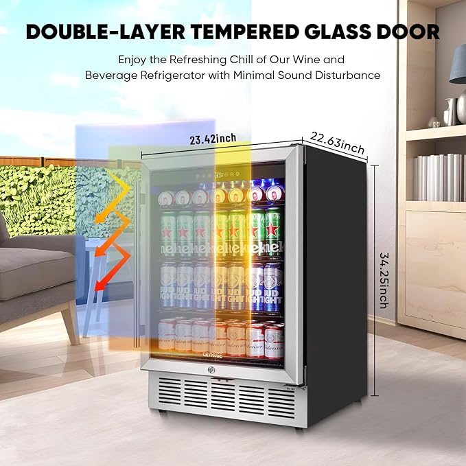 24" Beverage Refrigerator & Cooler, 180 Cans Under Counter Fridge with Lock, Glass Door & Powerful Cooling Compressor - Quiet, Built-in/Freestanding Drink Fridge