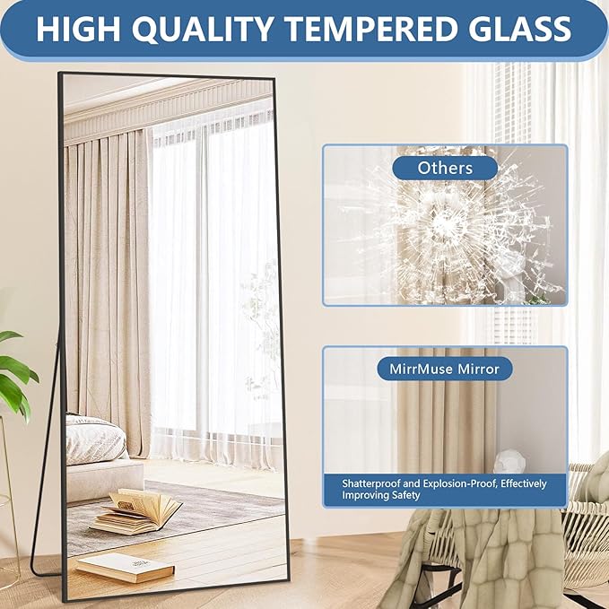 76"X34" Large Floor Mirror Full Length with Stand, Oversized Black Free Standing Full Length Mirror for Bedroom Living Room Home Gym, Rectangular Full Body Mirror, Tempered Glass