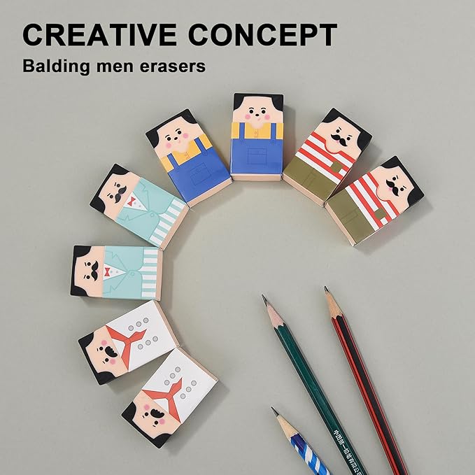 8Pcs Bald Guy Erasers, Erasers That Go Bald, Rub Get Bald Head Erasers, Fun Balding Man Erasers for School Classroom Rewards Party Favors