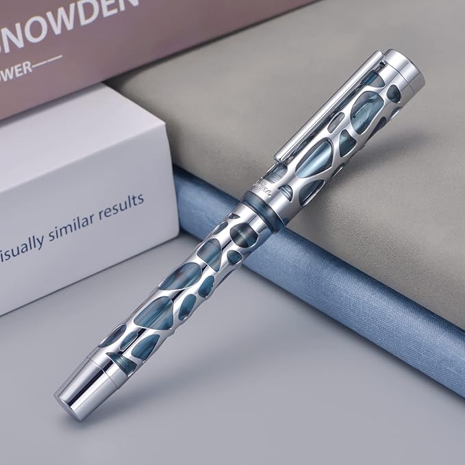 Asvine V169 Vacuum Filling Fountain Pen Fine Nib, Water Drop Skeleton Transparent Gray Blue Acrylic Pen Case Set