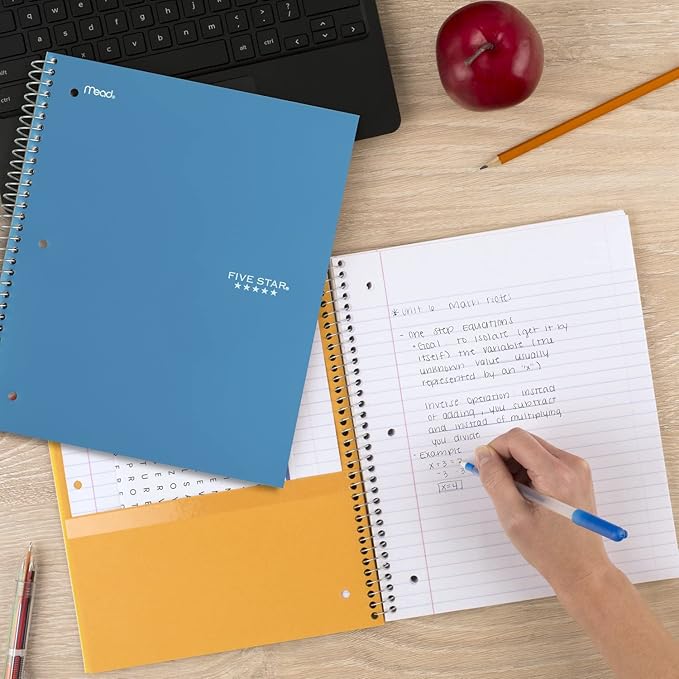 Five Star Spiral Notebook, 5 Subject, Wide Ruled Paper, Fights Ink Bleed, Water Resistant Cover, 8" x 10-1/2", 200 Sheets, Color Will Vary (05206)
