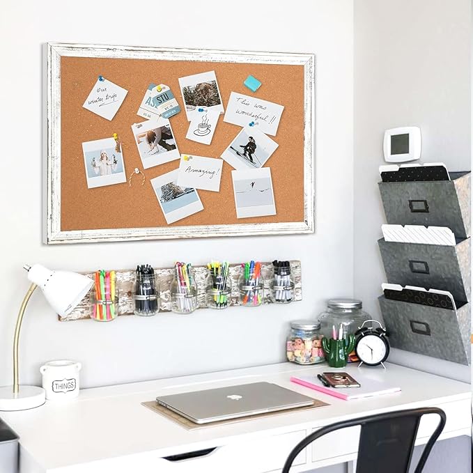 DOLLAR BOSS White Cork Board - 30 X 20 Inches, Rustic Wooden Frame, Decorative Hanging Pin Board for Office & Home Decor