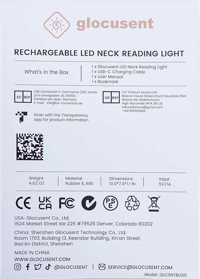 Glocusent Book Light, 3-Color & 6-Brightness Reading Light, Bendable Neck Light, 80-hr Lasting Rechargeable Lamp, Perfect Book Light for Reading in Bed, Knitting, Camping, Repairing, Book Lovers Gifts