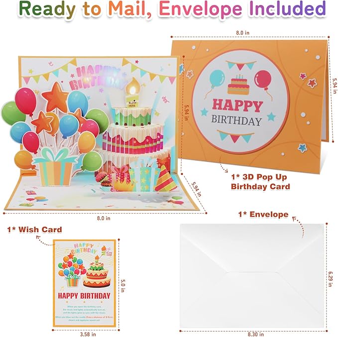 Birthday Cards Pop Up Cake with Blowable Candle Light, Music Happy Birthday Card Gifts for Men Women Kids Mom Grandma