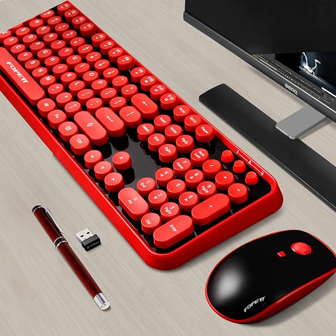 FOPETT Wireless Keyboard and Mouse Combo, 104 Keys Full-Sized 2.4 GHz Round Keycap Colorful Keyboards, USB Receiver Plug and Play, for Windows, Mac, PC, Laptop, Desktop (Black Red)