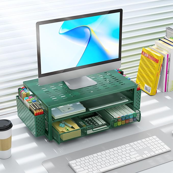 gianotter Desk Organizers and Accessories, Monitor Stand with Drawer and 2 Pen Holder, Desktop Organizer Suitable for Offices and Dormitories (Green)
