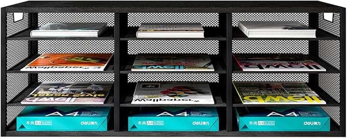 Mail Sorter Adjustable Countertop Heavy Duty Literature Organizer Student Mailbox for Classroom Desktop Bill Paper Holder Rack for Office Home School, 12 Compartments, Black