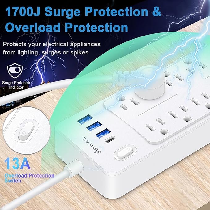15 FT Power Strips with Surge Protection 1625W/13A,10 Outlets with 4 USB Ports (1 USB C) Long Extension Cord with Multiple Outlets 16Awag 1700J Flat Plug Power Strip Protector White,ETL Listed