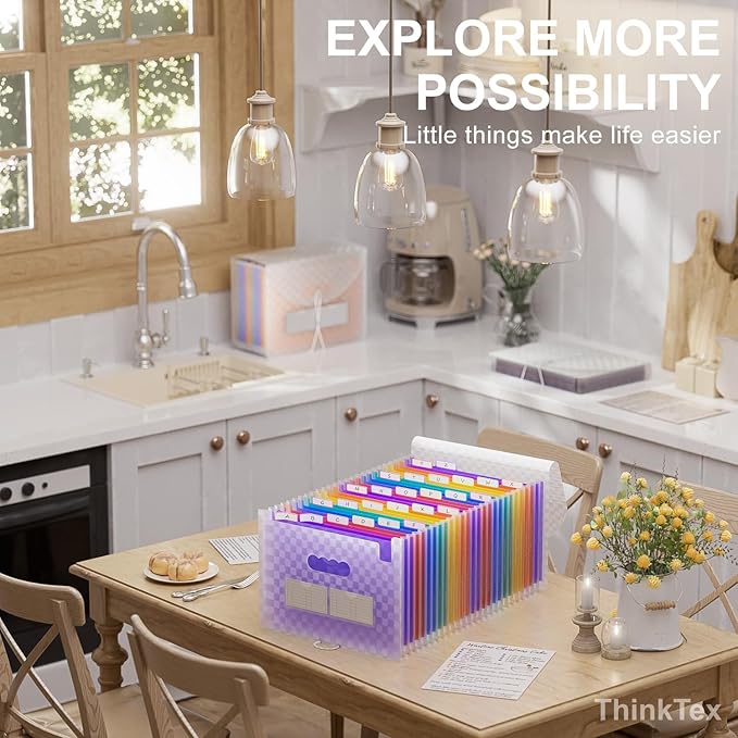 ThinkTex Accordian File Organizer, 26 Pockets Expanding File Folders, Monthly Bill Receipt Documents Organizer, A-Z Colorful Tabs, Letter/A4 Size - Purple