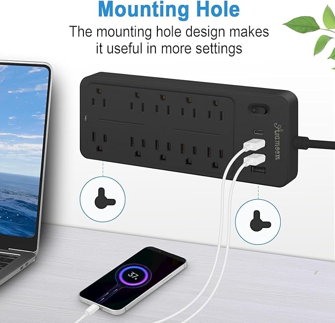 15 FT Power Strips with Surge Protection 1625W/13A,10 Outlets with 4 USB Ports (1 USB C) Long Extension Cord with Multiple Outlets 14-in-1 1700J 16Awg Flat Plug Power Strip Protector Black, ETL Listed