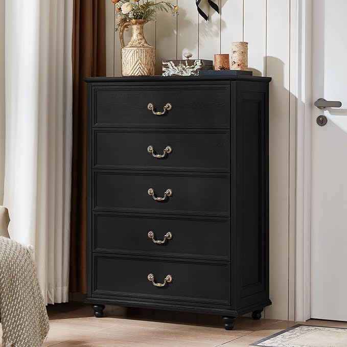 Farmhouse 5 Drawer Dresser Set of 2 for Bedroom, 45" Tall Rustic Chests of Drawers w/ 4 Solid Wood Feet, Vintage Mid Century Wooden Closet Storage Dressers Organizer for Living Room, Black