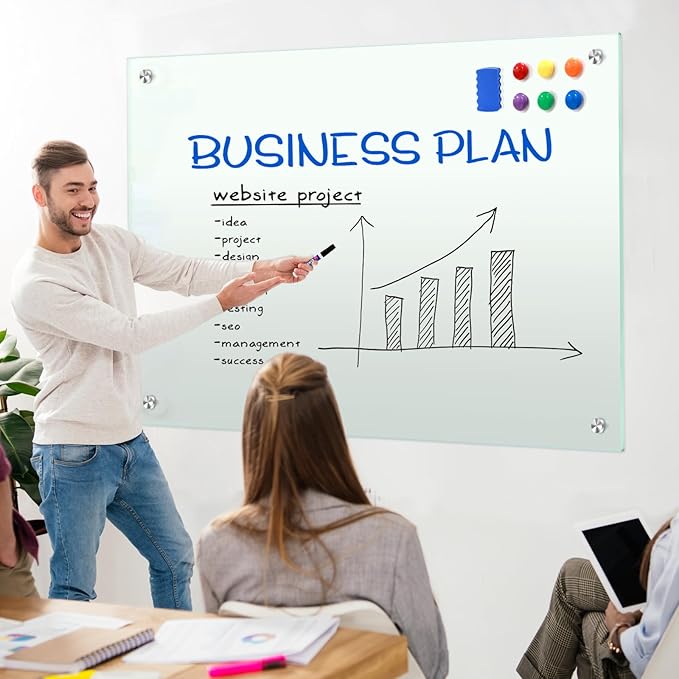 H-Qprobd Glass Whiteboard 60"x40" Magnetic Dry Erase White Board for Wall, Includes 12 Magnets, 8 Markers and 2 Erasers
