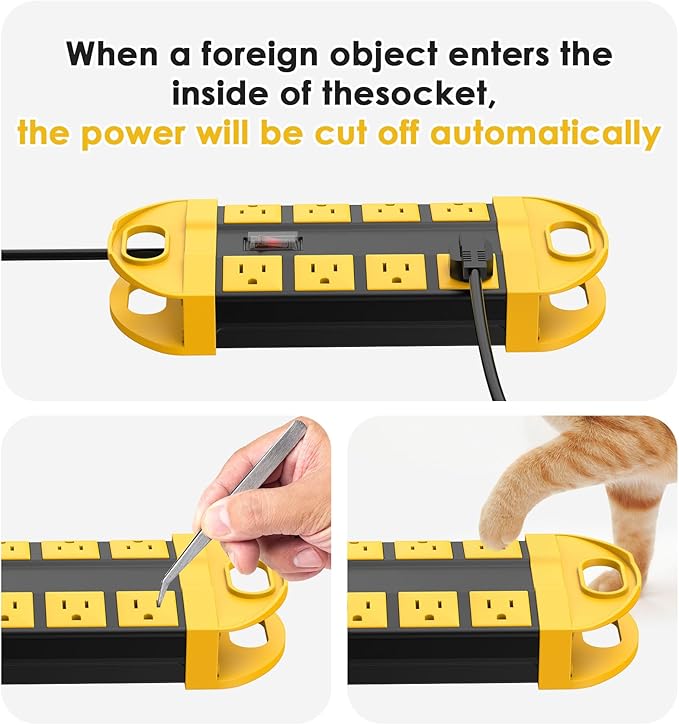 CCCEI GFCI Outdoor Power Strip Weatherproof with 8 AC, Waterproof Extension Cord with Multiple Outlets, Wall Mount Surge Protector Flat Plug, Christmas Exterior Garden, Yard, 6FT, Yellow.