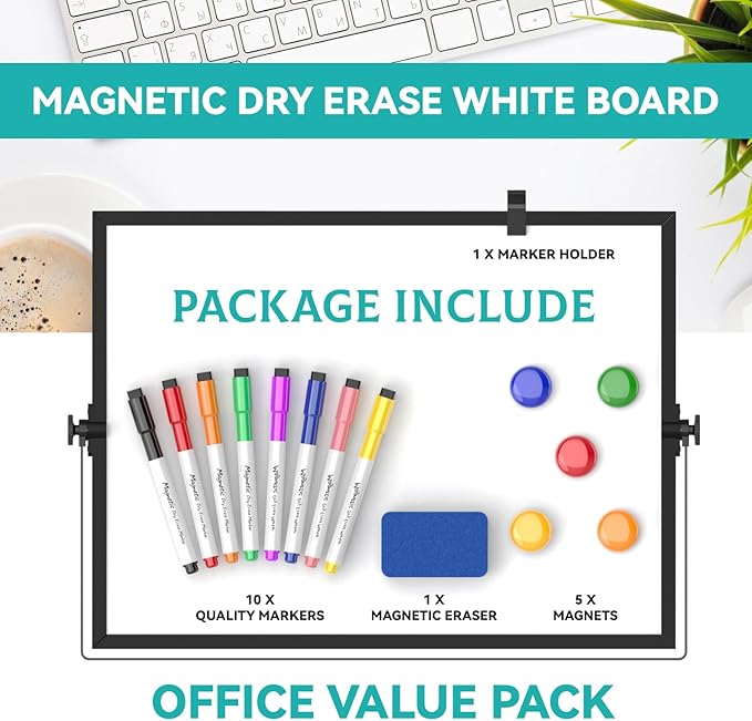Dry Erase White Board, Cazeyoo Magnetic Desktop Whiteboard 16 x 12inch with Stand, 10 Markers, 4 Magnets and 1 Eraser, Portable Double-Sided White Board for Kids Drawing, Office, Home, School - Black