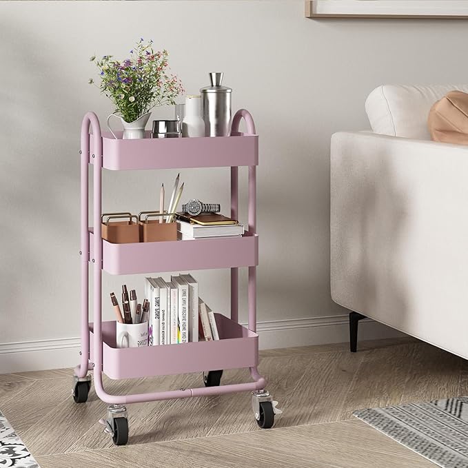 3-Tier Pink Utility Rolling Cart,Kitchen Storage Carts with Wheels,Pink Metal Rolling Cart for Office,Home,Kitchen,Garden๏ผ13.4"x18.1"x31"๏ผ Pink