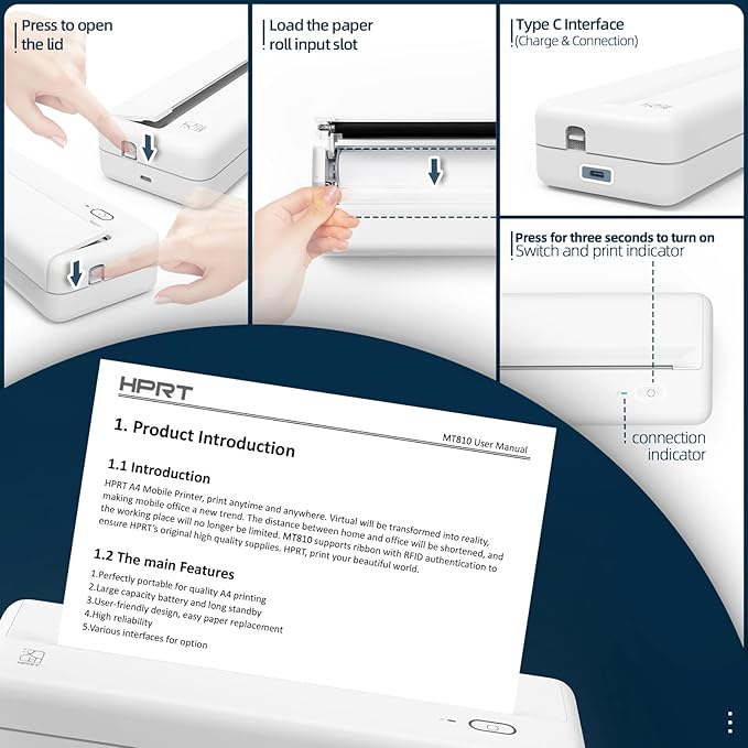 HPRT Wireless Portable Printer - Bluetooth Thermal Printer for Travel, Mobile Office, School, Home Compatible with iOS Android