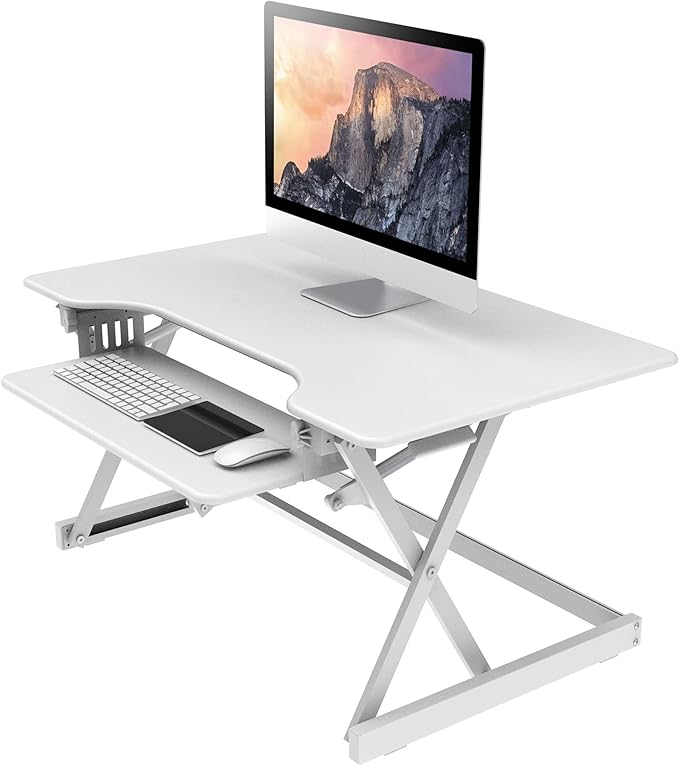 Rocelco 40" Large Height Adjustable Standing Desk Converter with Anti Fatigue Mat BUNDLE - Quick Sit Stand Up Computer Workstation Riser - Retractable Keyboard Tray - White (R DADRW-40-MAFM)