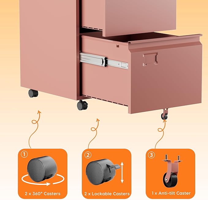 Aobabo Metal 2 Drawer Office File Cabinet with Lock, Under Desk Office Steel Files Cabinet on Wheels, 25.6''H Legal/Letter A4 Size, Assembly Required, Pink