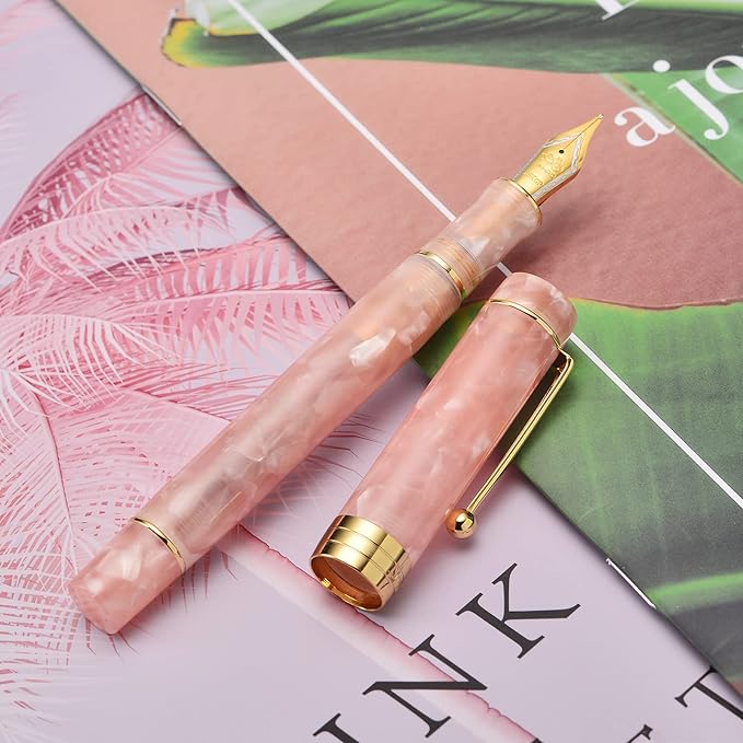 Jinhao 100 Fountain Pen Celluloid Classic Style, #6 Nib Smooth Writing Instrument with Refillable Converter and Pen Case Set