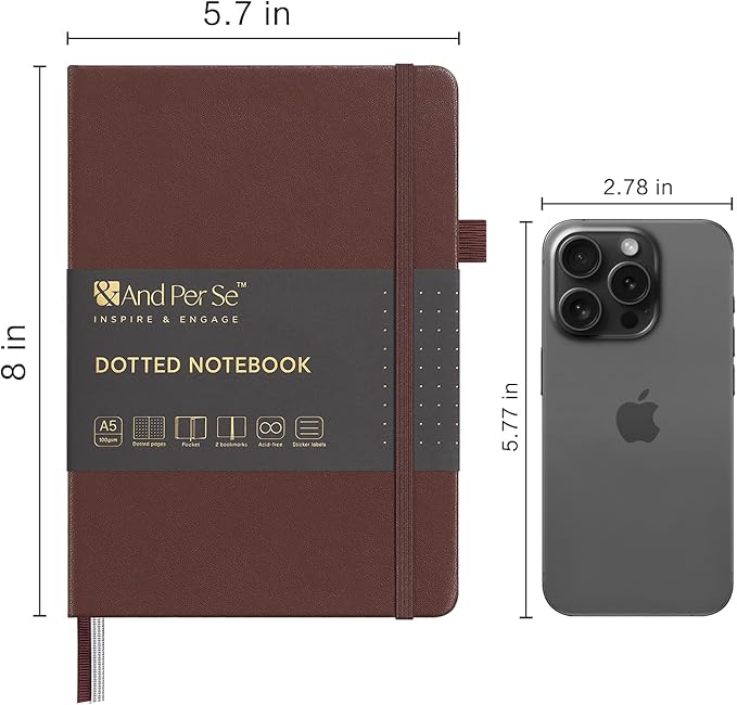 &And Per Se Dotted Journal Notebook, A5 Hardcover Bullet Dotted Journal, 160 Pages 100 gsm Thick Dotted Paper, 3 Sheets of Stickers Included - 5.7'' x 8''(Chocolate)