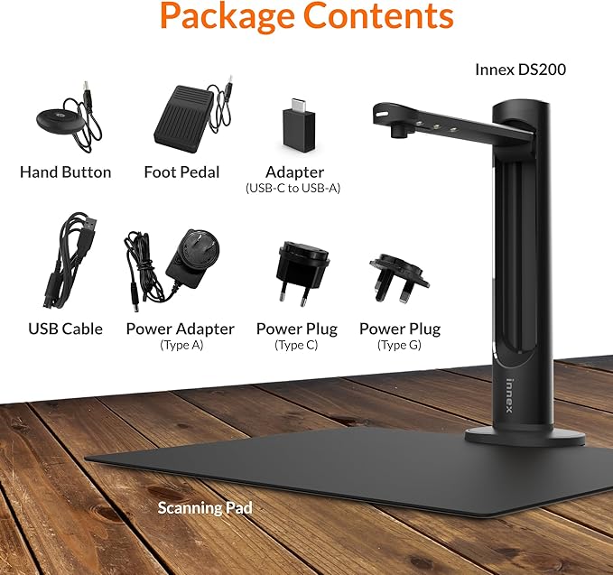 Innex DS200 Professional USB Book Scanner, 26MP, A3 Document scan, 120+ Language OCR, Auto-Flatten & Deskew, Finger Removal, Built-in Mic and LED lamp, Hand Button & Foot Pedal, for Windows/MacOS