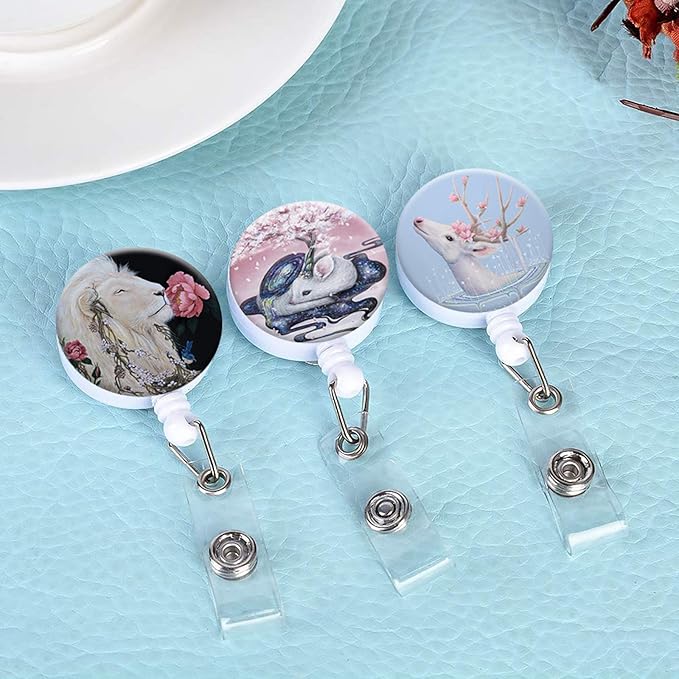 Retractable ID Badge Holder Nurse Badge Reels with Clip Name Card Holders for Office Worker Doctor Nurse (3pack Lion Rabbit Deer)
