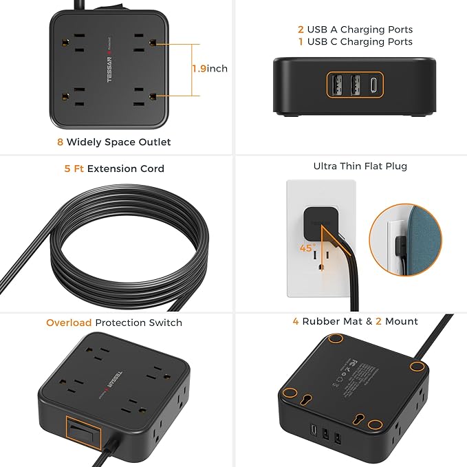 Surge Protector Flat Plug Power Strip, Black Extension Cord, 8 AC Outlets, 3 USB Charger(1 USB C Port) 3 Side Outlet Extender, 5 Ft, 900 Joules Protection, Office Supplies, Dorm Room Essentials