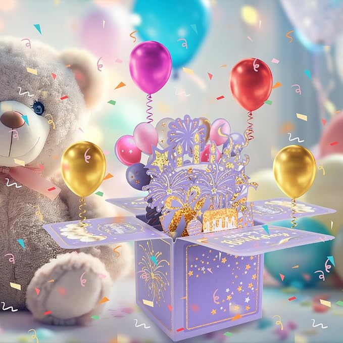 Surprise Pop Up Happy Birthday Cards, Lovely 3D Birthday Card for Adults and Kids with Envelopes, Unique Design Handmade Foldable Greeting Cards for Daughter, Son, Mom, Dad, Friend(Purple)