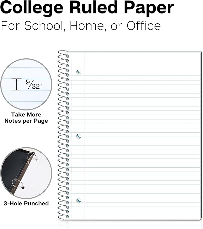 Dunwell 1 Subject College Ruled Notebooks, (3-Pack, Red, Blue, Black) Spiral Notebooks 8.5 x 11, Plastic Covers, Poly Pocket Dividers, 100 Sheets (200 Pages), 3-Hole Punched Perforated Paper