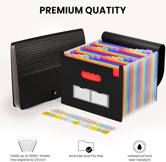 Sooez 24 Pockets Expanding File Folder with Blank Labels, According File Organizer with Expandable Cover, Desktop Accordion Folders Letter A4 Paper Document Storage Organizer, Red