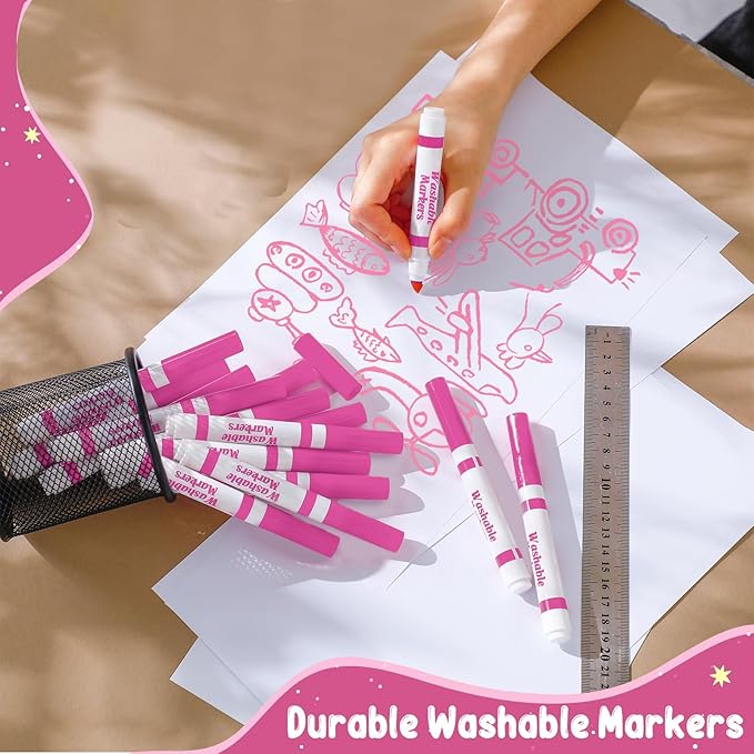 Janlaugh 60 Pcs Pink Washable Markers Bulk Coloring Broad Line Markers for Kids Conical Tip Pink drawing pens for Classroom Back to School travel Art baby shower gender reveal Supplies, Ages 6+