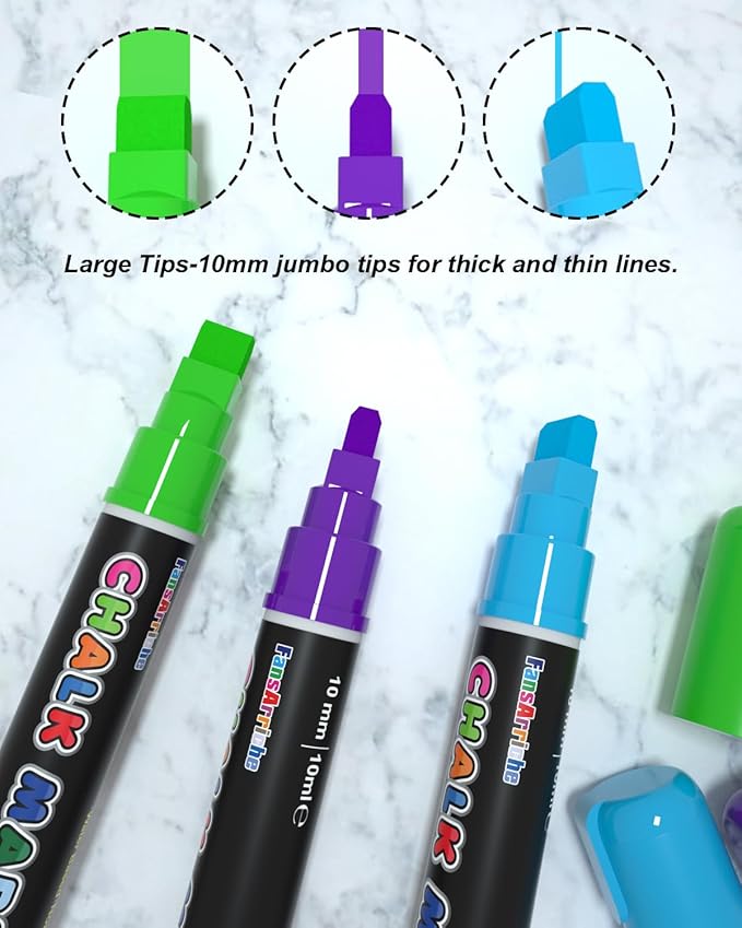 FansArriche Liquid Chalk Markers, 12 colors 10mm Erasable Marker Pens, Washable Window Markers For Glass, Blackboard, Bistro Menu, Car Windows, Mirrors, Labels, 3 In 1 large nib