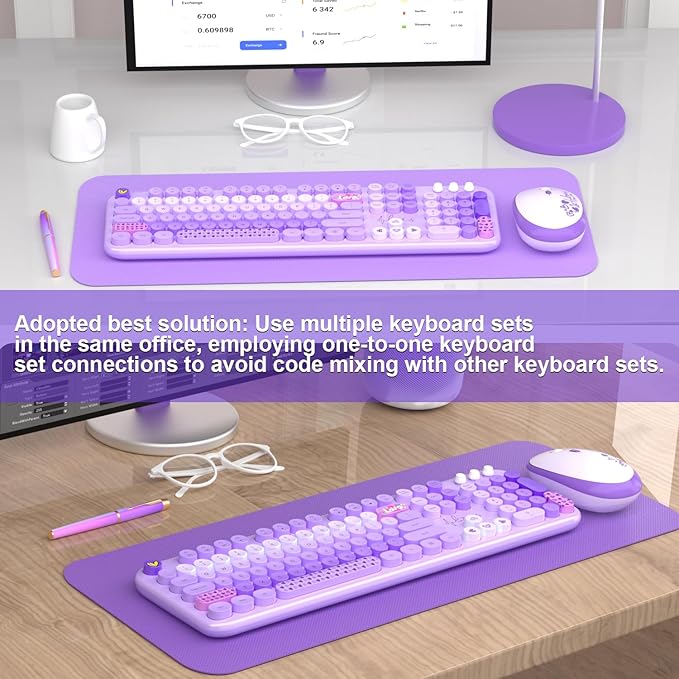 MOFII Keyboard and Mouse Wireless, 104 Round Keys Lovely Full-Size Cute Colorful Keyboard and Mouse with Retro Typewriter for PC/Mac/Laptop/Tablet/Computer/Windows Purple