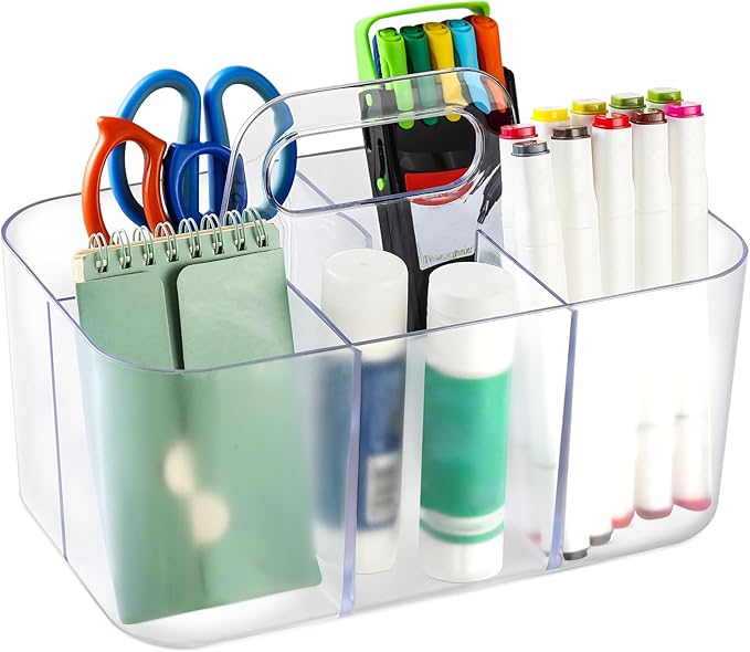 Multiuse Caddy Organizer with Handle - Stackable Plastic Bin - Divided Storage Tote Holder for Art Craft Supplies, Makeup, Bathroom, Shower, Cleaning, Kitchen, Office, Dorm, Desktop - Frosted Clear